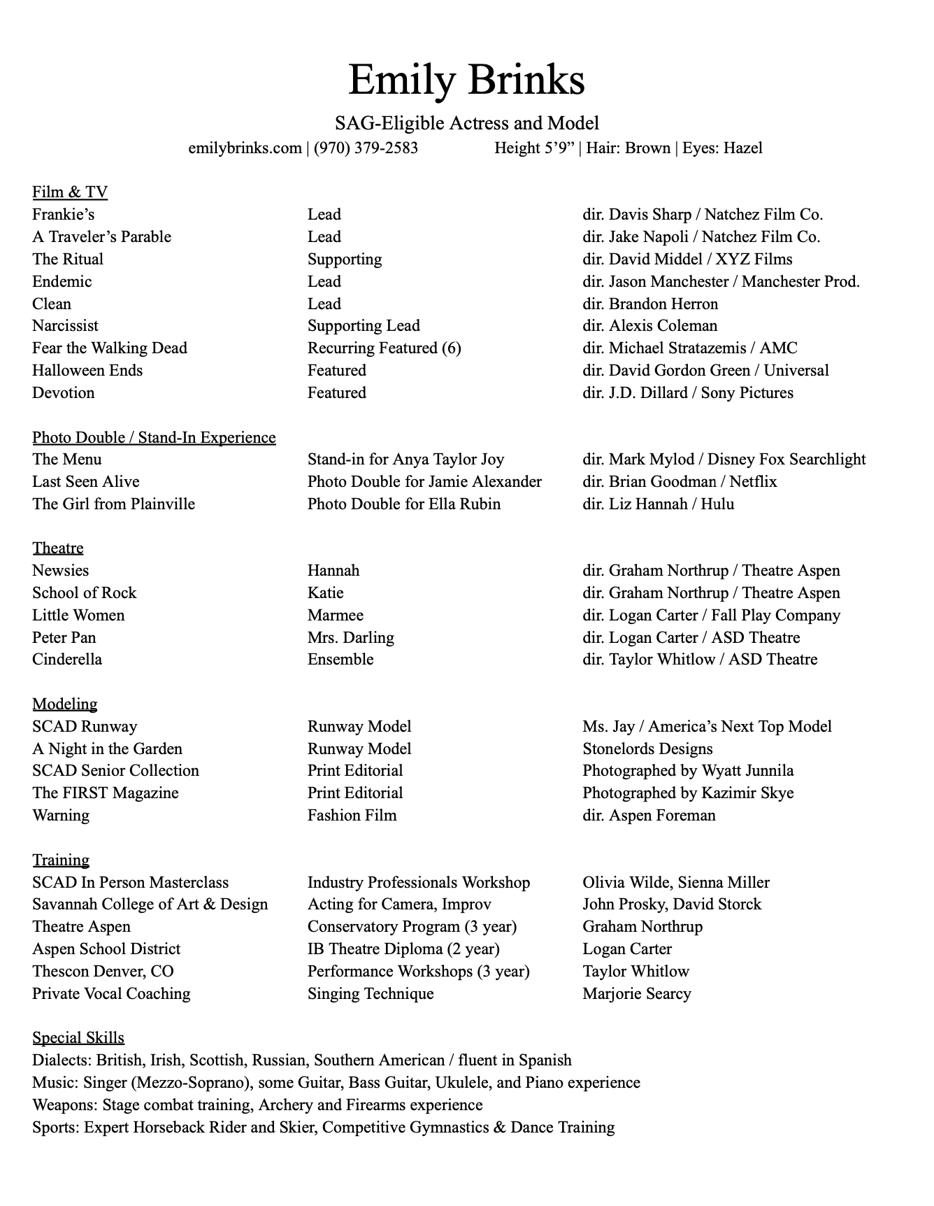 Emily Brinks Acting Resume